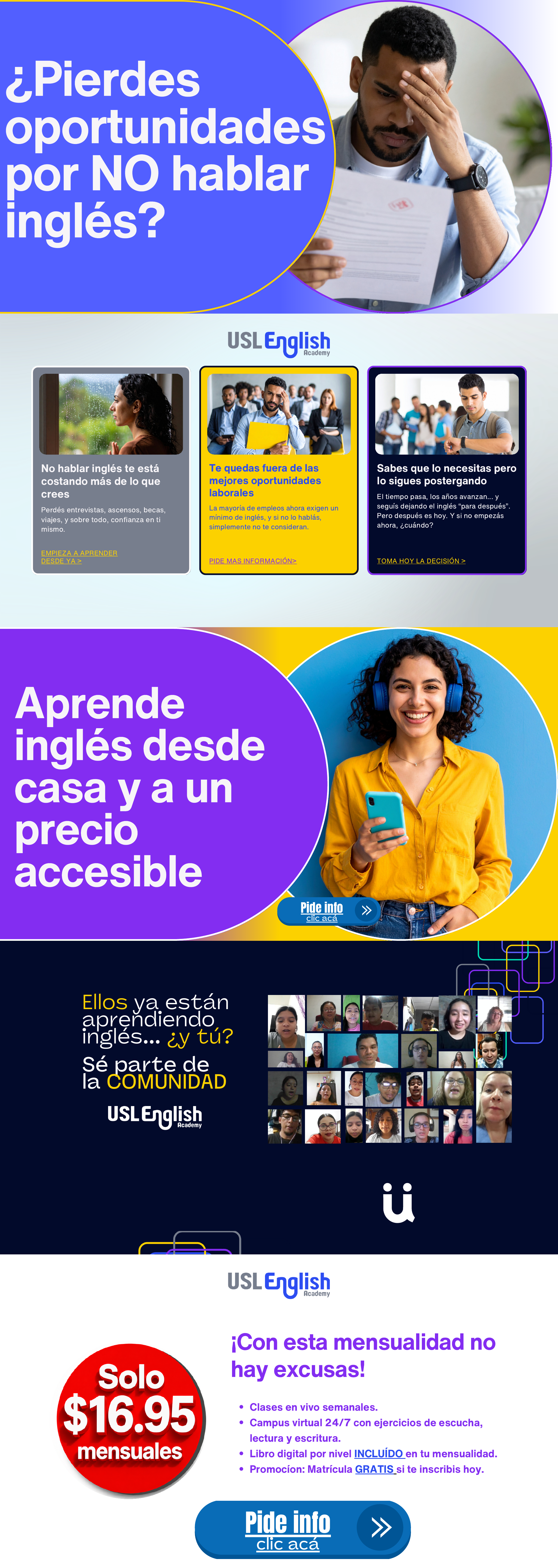 Landing page de USL English Academy con informacion de cursos de ingles, comunidad, precio mensual de $16.95 y llamados para pedir informacion.
